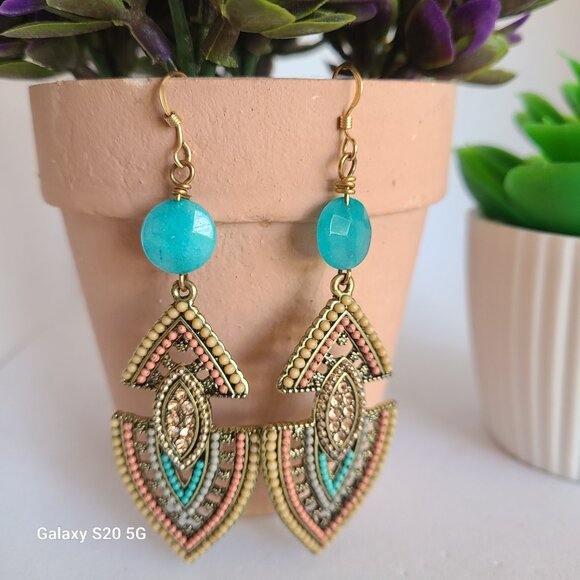 Handmade Aztec Theme Dangle Earrings Multi-Color Ladies Statement Event Festival - Picture 3 of 5